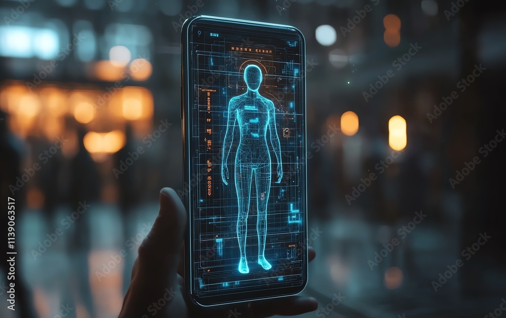 Poster a phone projecting a floating holographic ai assistant, blending advanced ai technology with a clean