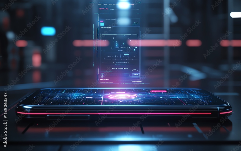 Poster A phone projecting a floating holographic AI assistant, blending advanced AI technology with a clean, minimalist design, virtual helper theme, ultradetailed, 4K quality