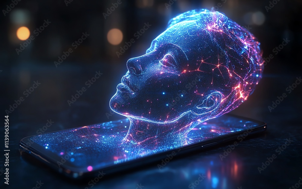 Poster a phone projecting a floating holographic ai assistant, blending advanced ai technology with a clean