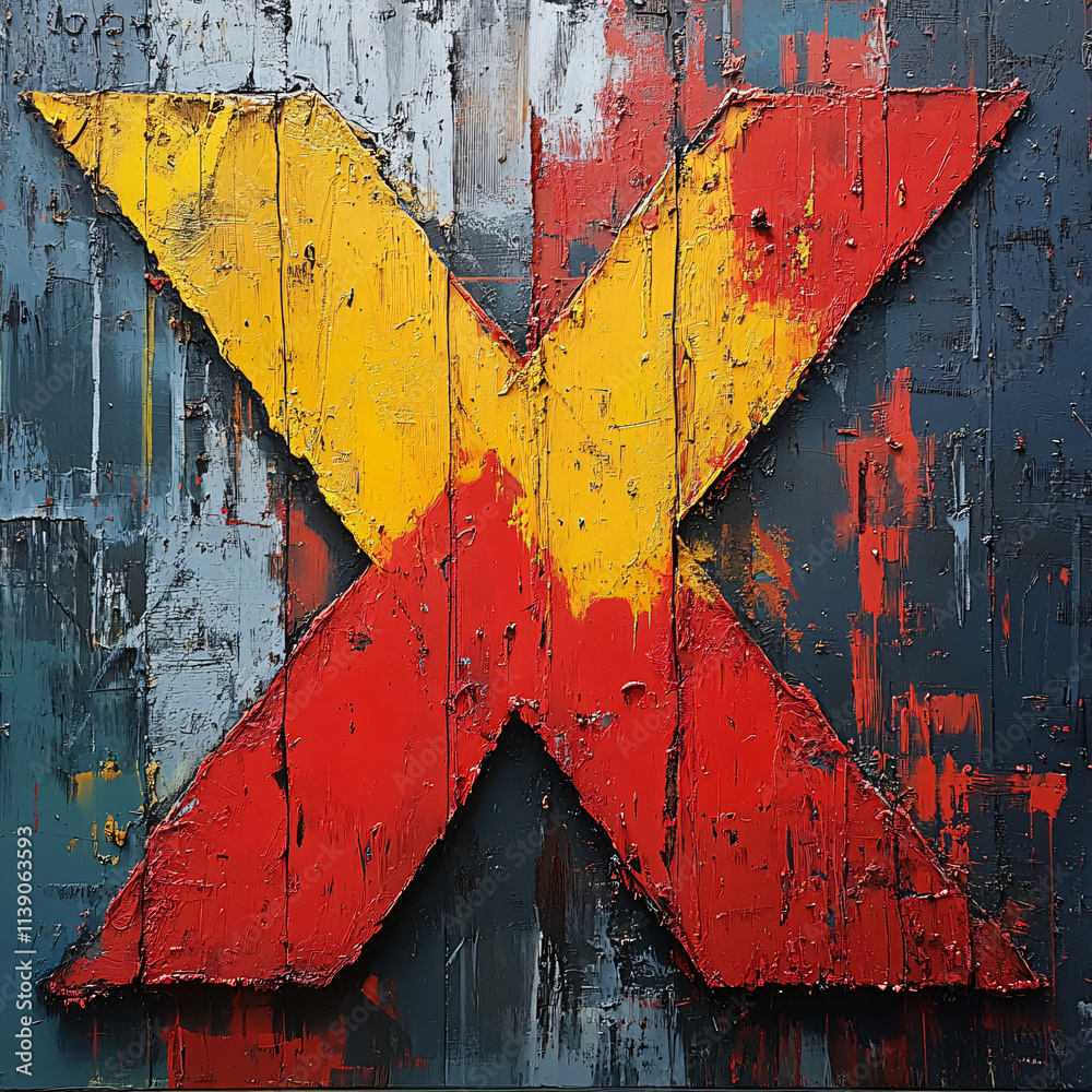 Aufkleber Abstract art featuring bold, textured X shape in red, yellow, and black colors on weathered background. vibrant colors and rough texture create striking visual impact
