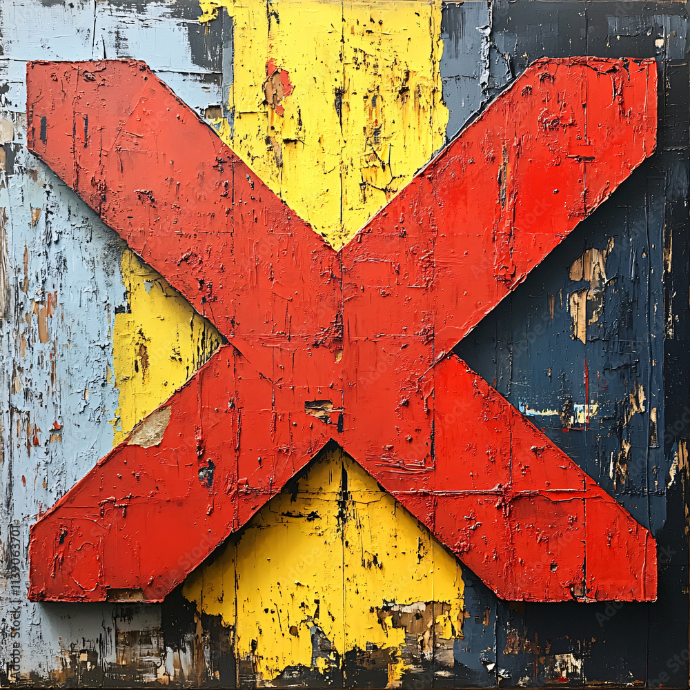 Poster abstract red x on textured background of blue, yellow, and black. artwork features peeling paint and