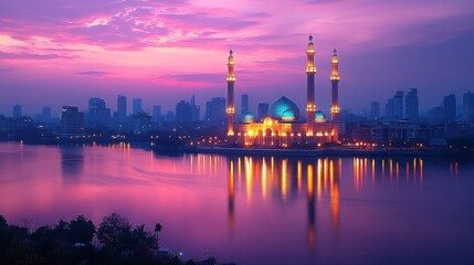 A serene sunset view of a mosque reflecting in water, surrounded by a city skyline.