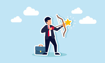 A businessman prepares to shoot an arrow with a star, illustration of targeting increased business rating and quality