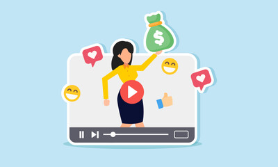 A businesswoman inside promotional media raises and shows a money sack, illustration of presenting and showcasing the financial condition of a business company