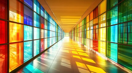 Fototapeta premium Colorful Glass Panels Line Modern Building Corridor