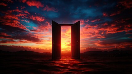 Mysterious open door at sunset landscape digital art surreal environment wide angle gateway to imagination