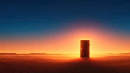 Mysterious doorway sunset desert landscape digital art surreal environment wide-angle view exploration concept