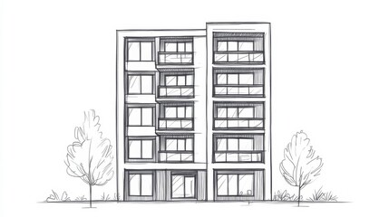 Architectural Sketch of a Modern Residential Building with Clean Lines and Large Windows Surrounded by Greenery Depicting Contemporary Urban Living Design