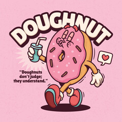 Doughnut Trendy Retro Cartoon Vector Hand Drawn