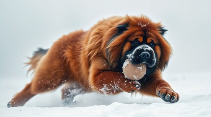 Obraz premium A fluffy dog bounds through the snow, joyfully grasping a ball in its mouth. The bright white surroundings accentuate the dog's excitement and vibrant energy