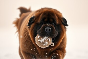 Obraz premium A fluffy dog runs joyfully with a ball in its mouth on a snowy landscape, showcasing its playful spirit amid a serene winter backdrop