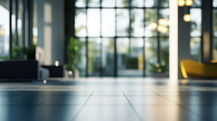 Fototapeta premium modern office lobby with large windows, natural light, and stylish furniture creates welcoming atmosphere. sleek tile floor enhances contemporary design