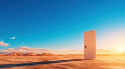 Mysterious door appearing in vast desert landscape dreamlike environment surreal concept captivating viewpoint
