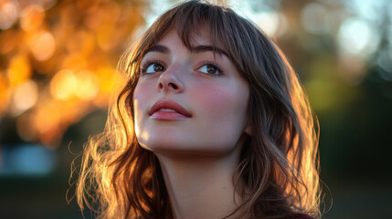 young woman with wavy hair gazes upward, illuminated by warm autumn sunlight, surrounded by blurred orange foliage, creating serene and dreamy atmosphere