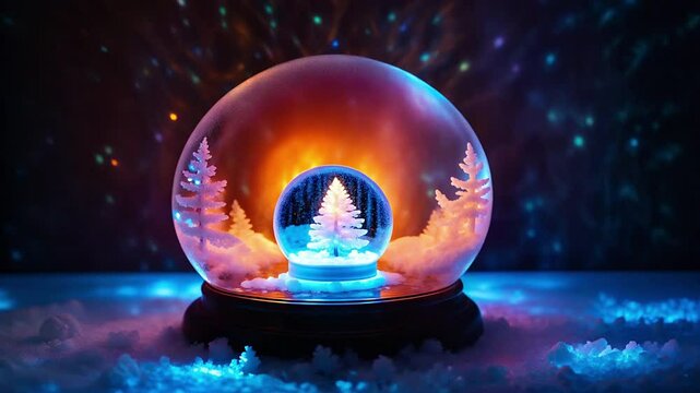 beauty of snow globe. crystal clear sphere, bright winter frost, sparkling pine trees lights in blue night sky. enjoying magic of rime ice. cold snowy scene scenic forest nature, joyful dreamy light