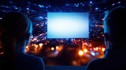 Outdoor movie night experience city skyline digital content urban environment evening view community engagement