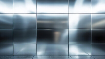 Shiny chrome metal wall with sleek, reflective surface, creating modern and futuristic ambiance. Ideal for sci fi themes and contemporary designs