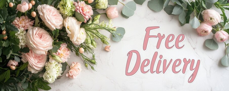 Valentine's Day flower shop banner with free delivery concept. Floral arrangement with text promoting free delivery service