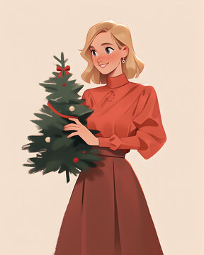 Woman in red dress with christmas tree