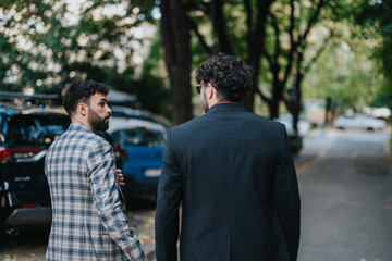 Two business people engage in a conversation while walking outdoors in a city environment. The interaction suggests collaboration and modern business culture.