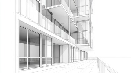Modern Architectural Sketch of a Multi-Story Building Featuring Clear Glass Balconies and Open Spaces Showcasing Innovative Design and Contemporary Aesthetics