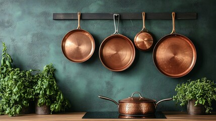 Copper cookware set hanging on wall, pot on counter.