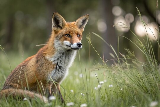 a close-up portrait of a red fox sitting in a field of tall grass. - Powered by Adobe