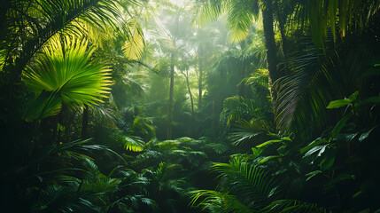 Panorama of dense jungle wild forest with palm trees, Puerto Rico, rain forest, tropical mountain range 