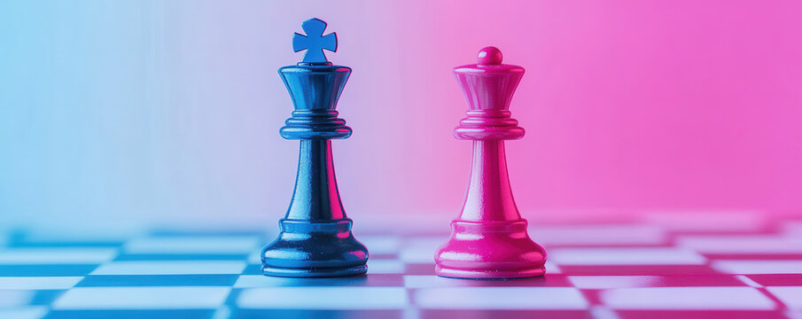 close up of black and pink chess piece on colorful board, symbolizing strategy and competition