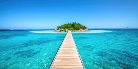 Tropical Paradise Wooden Bridge Leading to Island, beach with sky