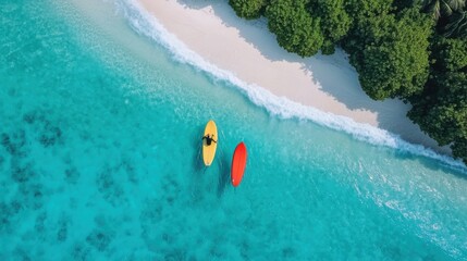 Obraz premium Kayaking Adventure Tropical Beach Aerial View Clear Turquoise Waters Relaxing Atmosphere Water Sports Concept
