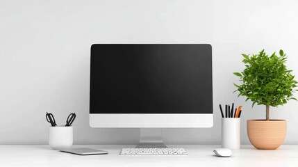 Fototapeta premium Working from Home Setup Modern Desktop Computer Minimalist Office Space Digital Workspace Calm Environment Wide-Angle View Productivity Concept