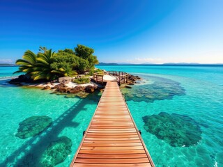 Tropical Paradise Wooden Bridge Leading to Island, beach with sky