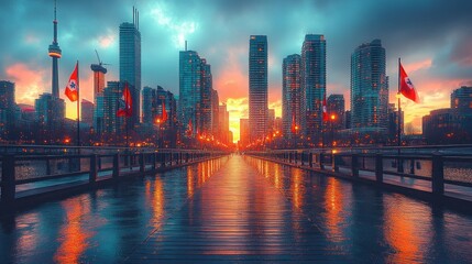 Obraz premium City skyline sunset with wet bridge.