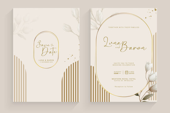 Aesthetic Wedding Invitation Template with Vintage White Flower Watercolor Arrangement