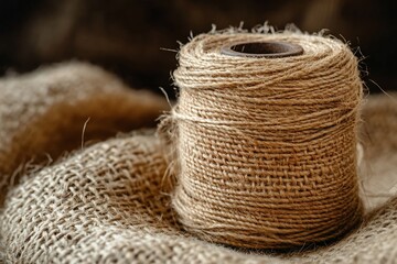 Close-up of a spool of natural jute twine resting on burlap fabric.