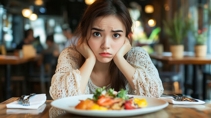 Young woman sitting at restaurant table, plate of meal in front of her, bad food taste problem, unhappy displeased customer, upset and frustrated client, negative disgust face expression, copy space.