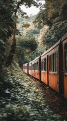Fototapeta premium Train travels through lush forest scenery