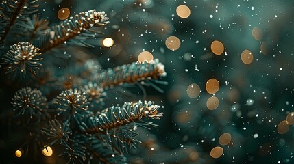 Snowy Pine Branches Illuminated By Festive Lights