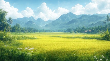 Sunny golden rice field, distant mountains, and green trees.