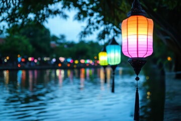 Obraz premium Colorful lanterns illuminate tranquil water scene by the riverside
