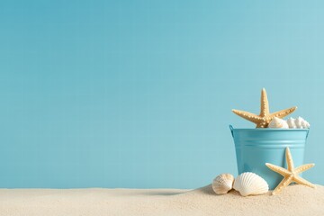 Coastal Decor with Blue Bucket Shells and Starfish on Sandy Beach