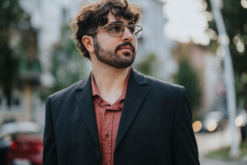 A young professional man in a suit stands outdoors, appearing confident and thoughtful. The urban...