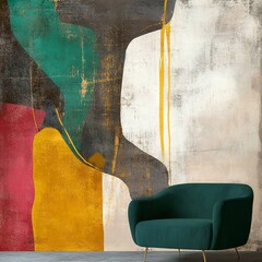 Abstract Gold and Teal Wall Art with Green Chair