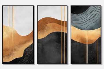 Abstract Gold and Black Triptych Wall Art