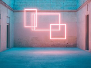 Neon Geometric Installations in Urban Courtyard Abstract Art in Soft Light
