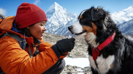 A rescue dog handing a life-saving item to a mountain climber in need, with a dramatic snowy landscape as the backdrop