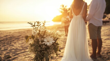 An intimate Sunset Wedding on a picturesque beach with soft golden light, romantic decor, and a happy couple exchanging vows