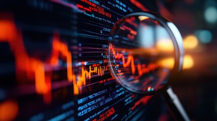 Analyzing data trends through magnifying glass technology lab infographic visual digital environment close-up focused view