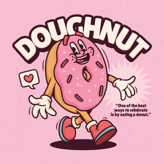 Doughnut Trendy Retro Cartoon Vector Hand Drawn